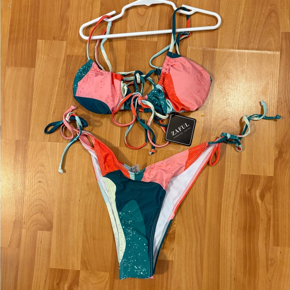 🌺ZAFUL Womens High Cut Thong/Bikini Sexy Cami String Swimsuit Sz L-NWT